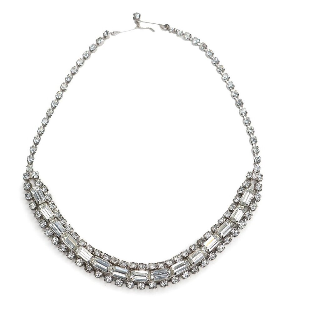 Vintage Triple Row Rhinestone Choker Necklace | Silver Tone Baguette & Round Cut